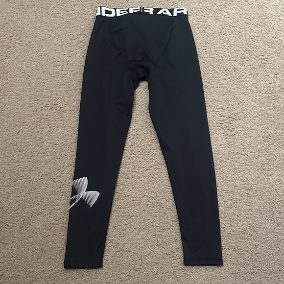 Under Armour ColdGear Kids Youth Fitted Leggings Black White Logo Size YXL - Picture 2 of 5